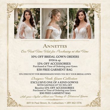 Bridal gown and accessories discount advertisement with elegant gown photos.
