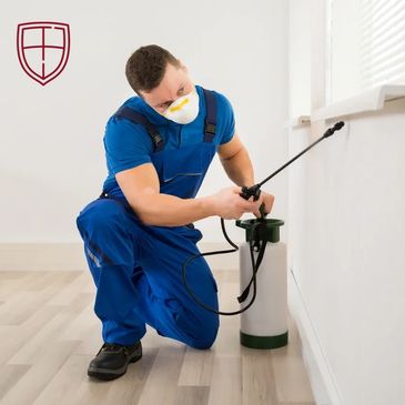 Pest control worker spraying insecticide inside a house wearing protective gear.