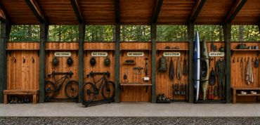 AI-assisted concept rendering of The Hideaway Adventure Wall with organized storage for bicycles, pa