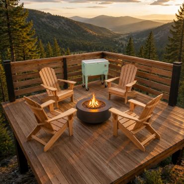 AI-assisted concept rendering of the Hideaway's private 12 x 12 deck with natural Adirondack chairs,