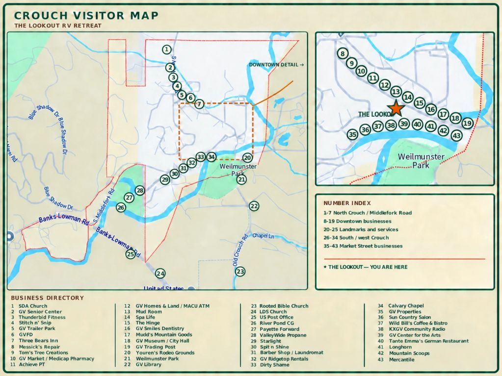 Visitor map of Crouch showing local businesses, restaurants, services, landmarks, and nearby points of interest around The Lookout RV Retreat.
