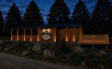 Evening AI-assisted concept rendering of the Hideaway fully covered 18' x 45' basecamp with warm li