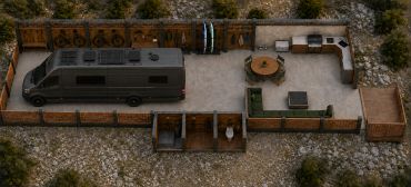 Overhead AI-assisted concept rendering of the Hideaway's covered basecamp with a camper van, Adventu