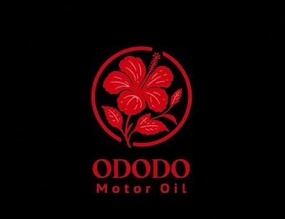 Red hibiscus flower logo for Ododo Motor Oil on black background.