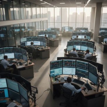 Traders working with multiple monitors in a trading floor.