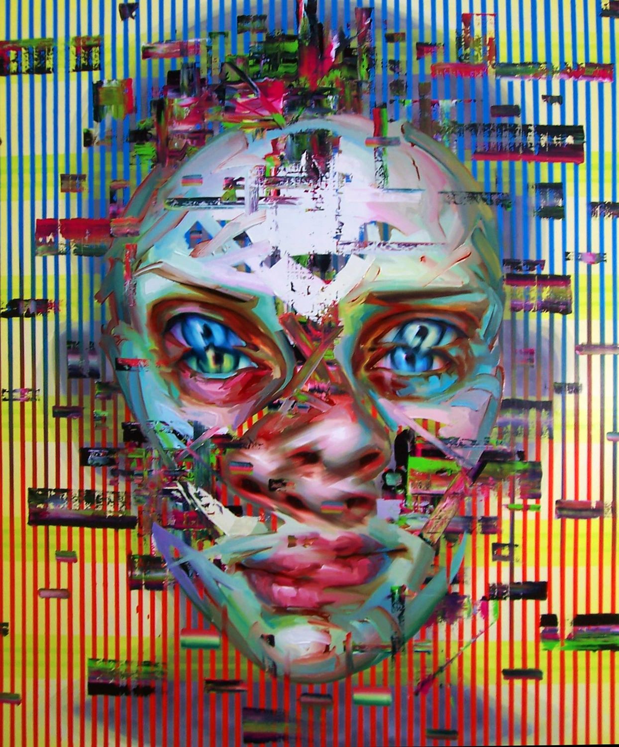 Abstract digital portrait with vibrant colors and glitch effects.