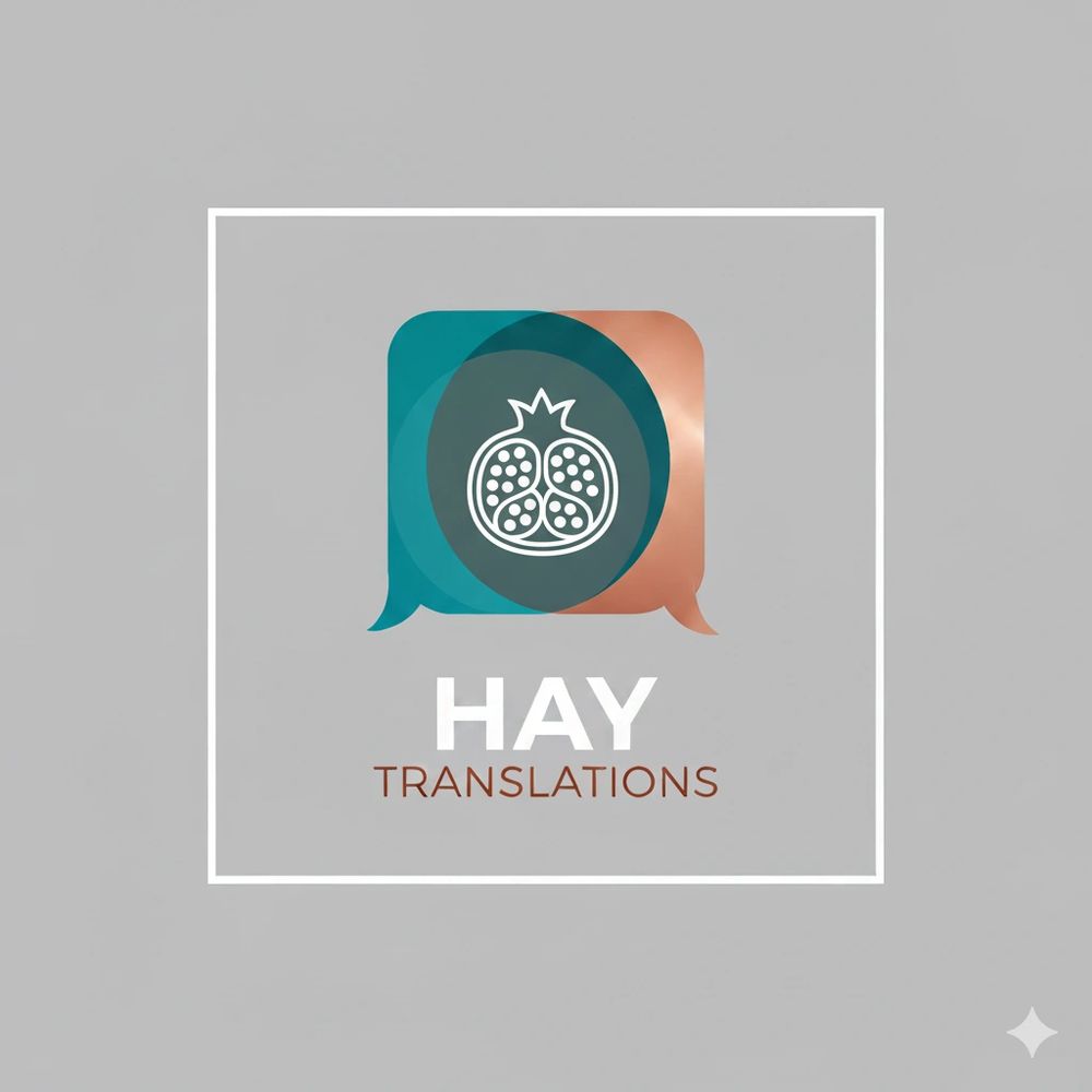 Logo of HAY Translations with overlapping speech bubbles and a pomegranate symbol.