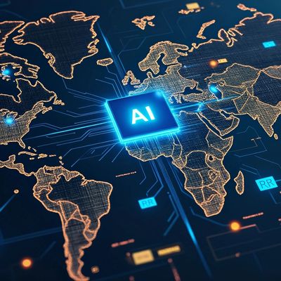 Digital map highlighting AI's global influence with a glowing chip at the center.