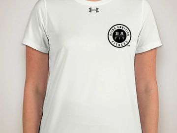 White athletic women's t-shirt with Blind Ambition logo on upper left chest