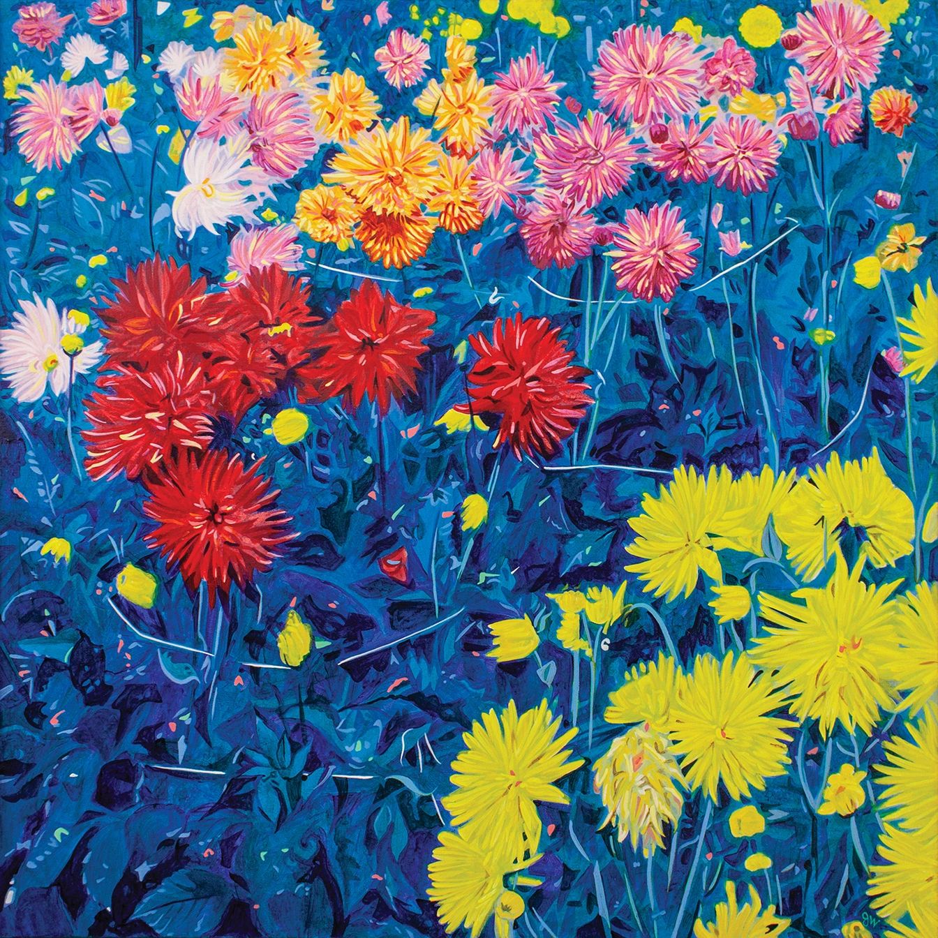 acrylic on canvas painting of a dahlia garden by Santa Cruz artist Jim Winters