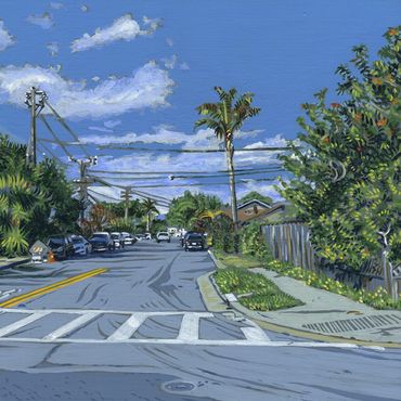 Acrylic painting on panel of the 47th and Capitola road intersection in Santa Cruz by Jim Winters