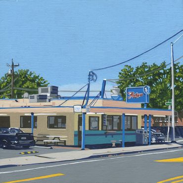 Acrylic painting on panel entitled 'Burgers and Ice Cream' by Santa Cruz artist Jim Winters