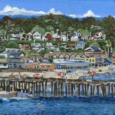 Acrylic painting on panel of the Capitola Village by Santa Cruz artist Jim Winters