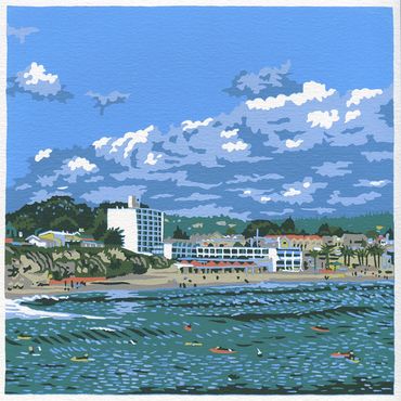 Reduction screenprint of the Dream Inn by Santa Cruz artist Jim Winters
