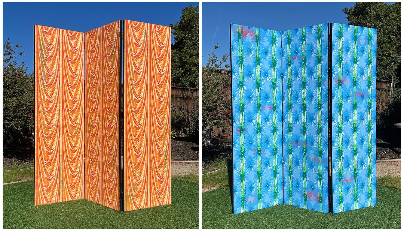 Stenciled and hand painted doors, hinged to make a folding screen by Santa Cruz artist Jim Winters