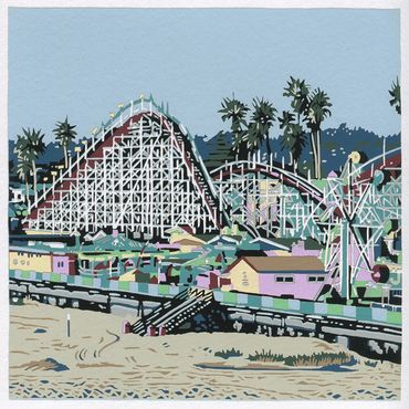 reduction screenprint of the Giant Dipper rollercoaster by Santa Cruz artist Jim Winters