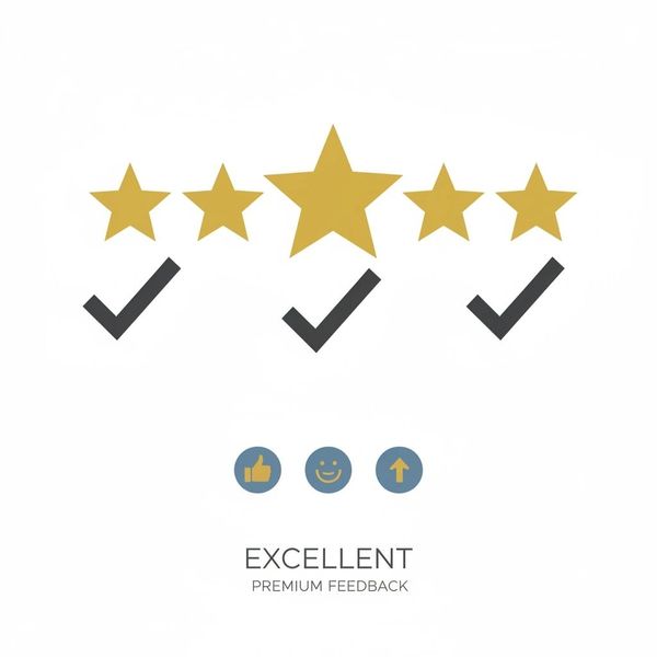 Five-star rating with checkmarks and positive icons.