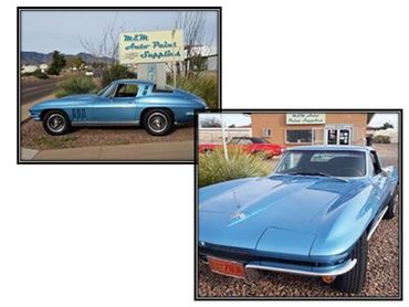 Two images showcase a vintage blue sports car outside an auto paint shop