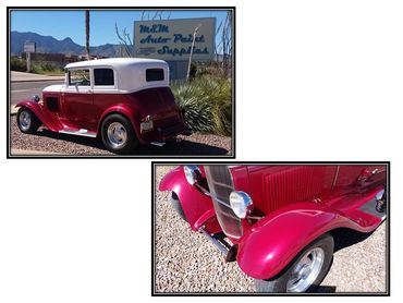 Vintage red and white car parked on gravel, near a sign reading M&M Auto Paint Supplies.