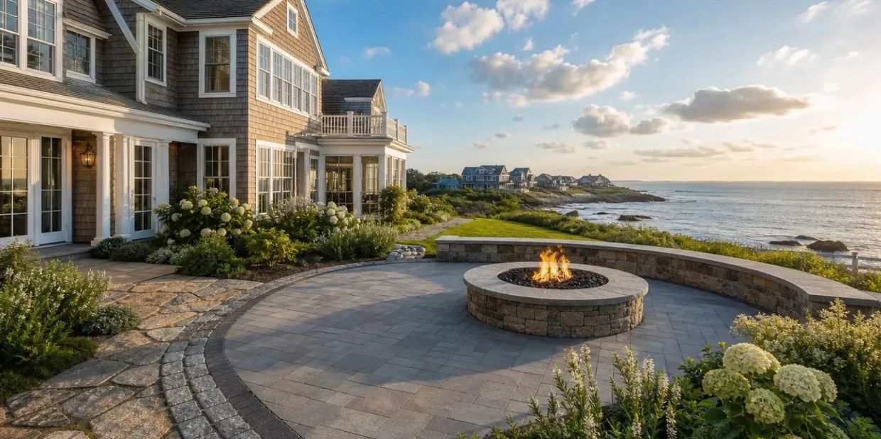 Natural stone and paver patio with seating wall and firepit built by Valley Outdoor Design LLC in Ne