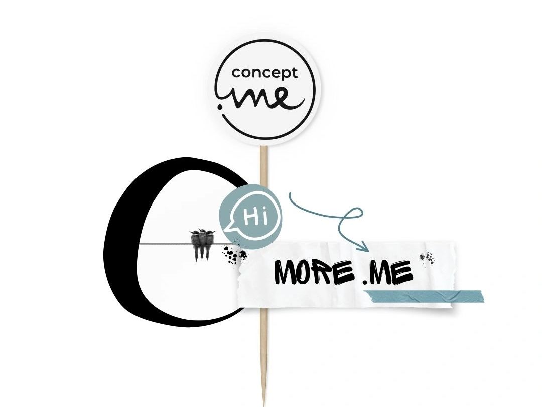 Logo von concept .me in schwarz weiß, sowie Zahnstocher und Text "more .me" + kleine Vögel