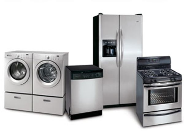 a collection of appliances: washer and dryer, oven, refrigerator, and dishwasher.