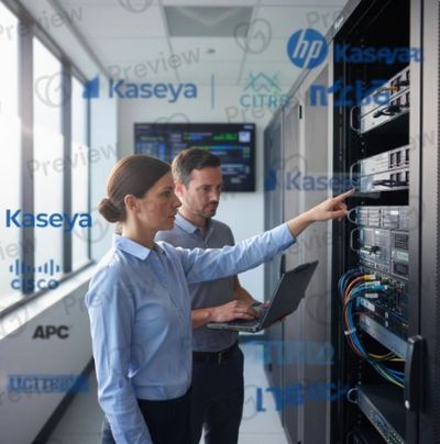 Two IT professionals working on server maintenance in a data center.