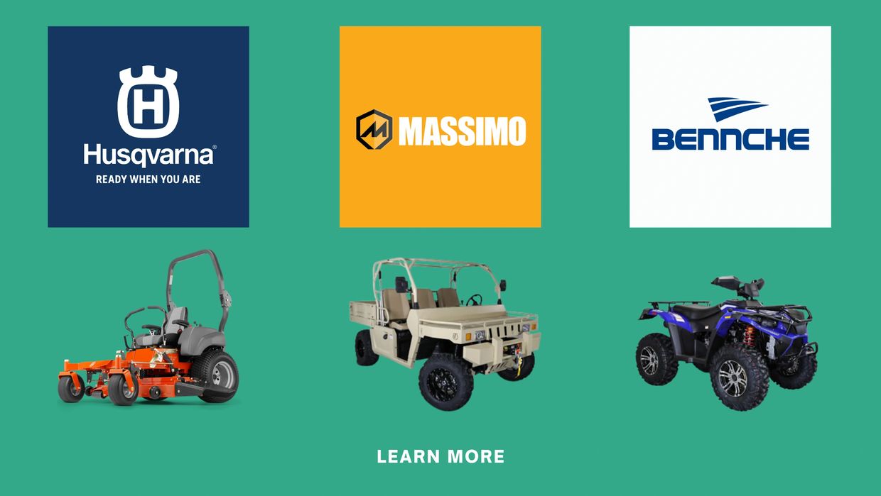 Images of the Husqvarna, Massimo, and Bennche brand logos and outdoor power equipment.