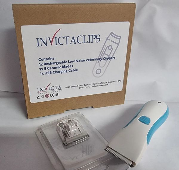 INVICTA low noise veterinary clippers with ceramic blades and USB charger.