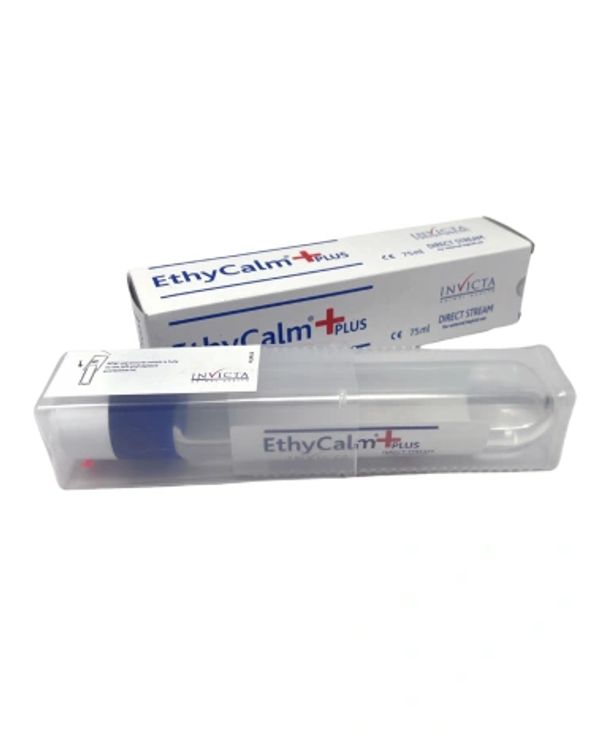EthyCalm Plus in a syringe-like applicator with its packaging box.