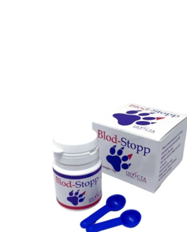 Blod-Stopp pet supplement with blue measuring spoons and box packaging.