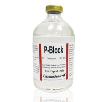 A 100 ml bottle of P-Block by Equimed USA for veterinary use.