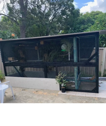 Large outdoor aviary with mesh walls and feeding stations in a backyard.