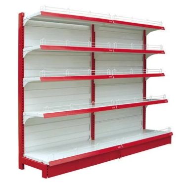 Empty retail store shelving unit with red and white design.