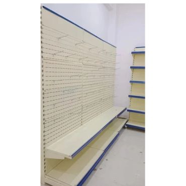 Hook racks retail shelving units with blue trim.