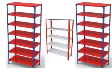 Three metal shelving units with red and blue or white and orange colors, for commercial and household