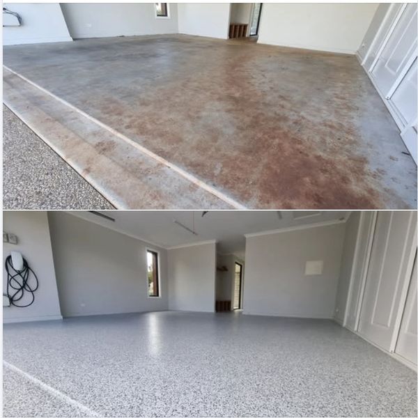 Residential garage transformation from stained worn concrete to Salt & Pepper epoxy flake.