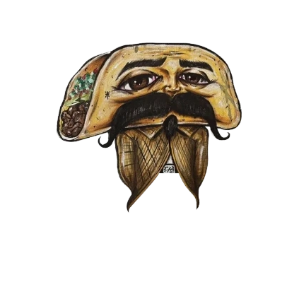 Unique tacos Trafi Catering logo design featuring a taco with eyes, mustache, and beard.