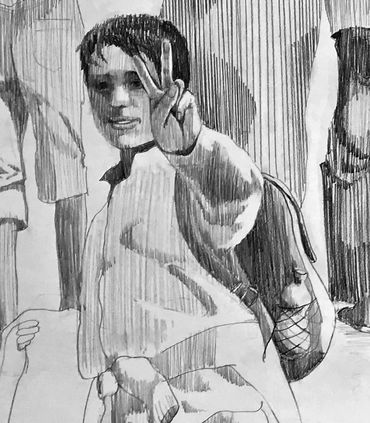 Unbekannt 3 - detail. Young migrant boy making the peace sign.