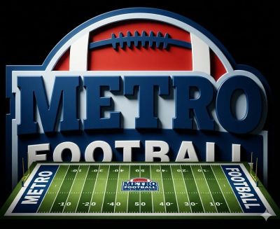 3D logo of Metro Football with a football field and ball.