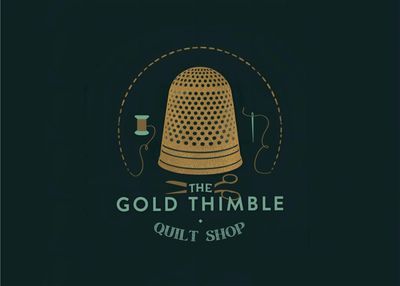 Logo of The Gold Thimble Quilt Shop with sewing tools.