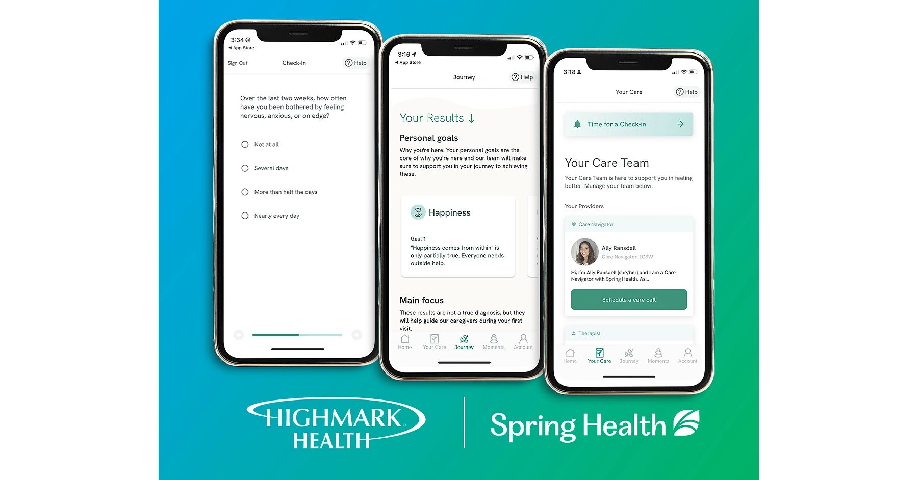 Three smartphones showing a mental health app interface by Highmark Health and Spring Health.