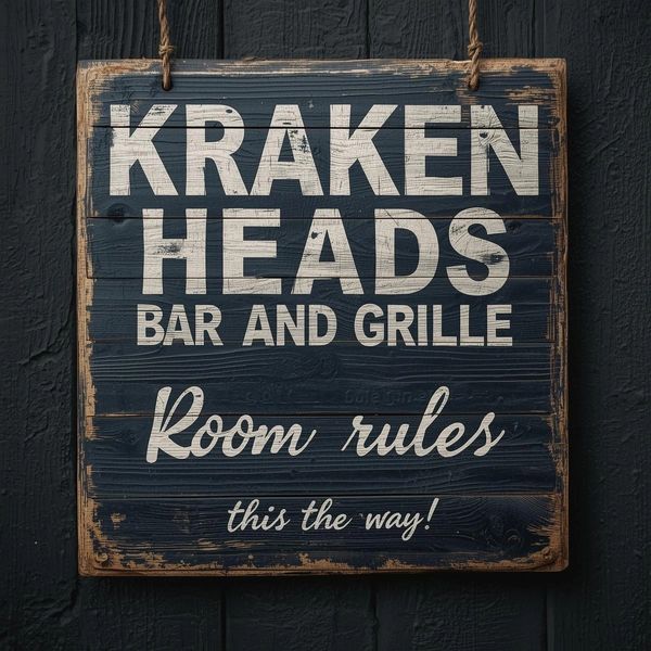Wooden sign for Kraken Heads Bar and Grille with room rules direction.