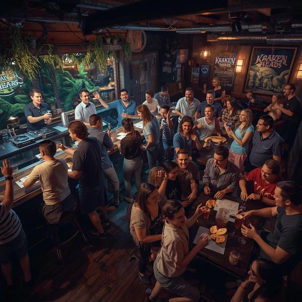 A lively bar scene with people socializing and enjoying drinks.