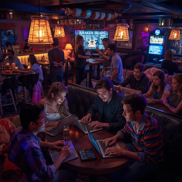 Young people working on laptops together in a cozy, dimly lit bar.