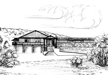 Black and white architectural sketch of a modern house.