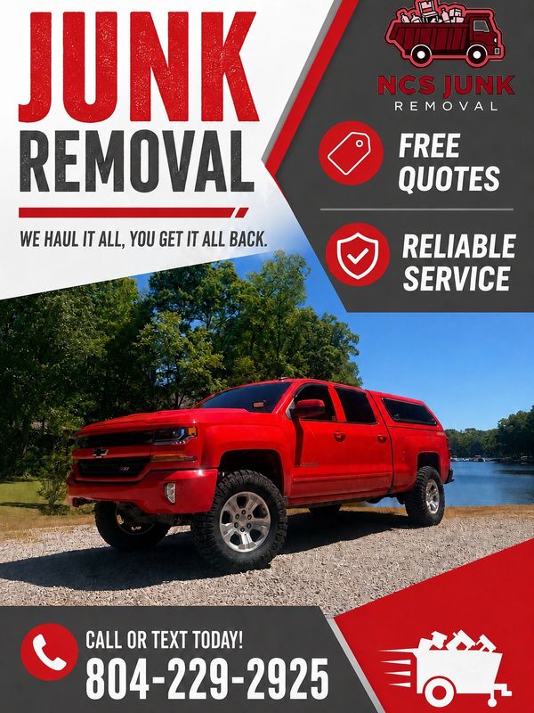 NCS Junk Removal offers free quotes and reliable service with a red truck by a lake.