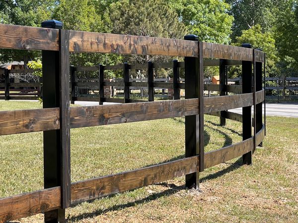 Beautiful Ranch Style Cedar Fence with 3x3 Black Powder Coated Posts