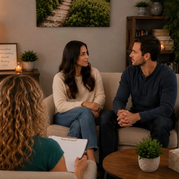 Couple discussing with therapist in a cozy office setting.