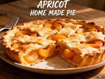 A homemade apricot pie with a slice removed on a rustic wooden table.